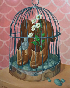 Surrealist oil painting titled 'culture of domesticity', 30x24 inches, by artist Tarun Rajvansi on Canvas