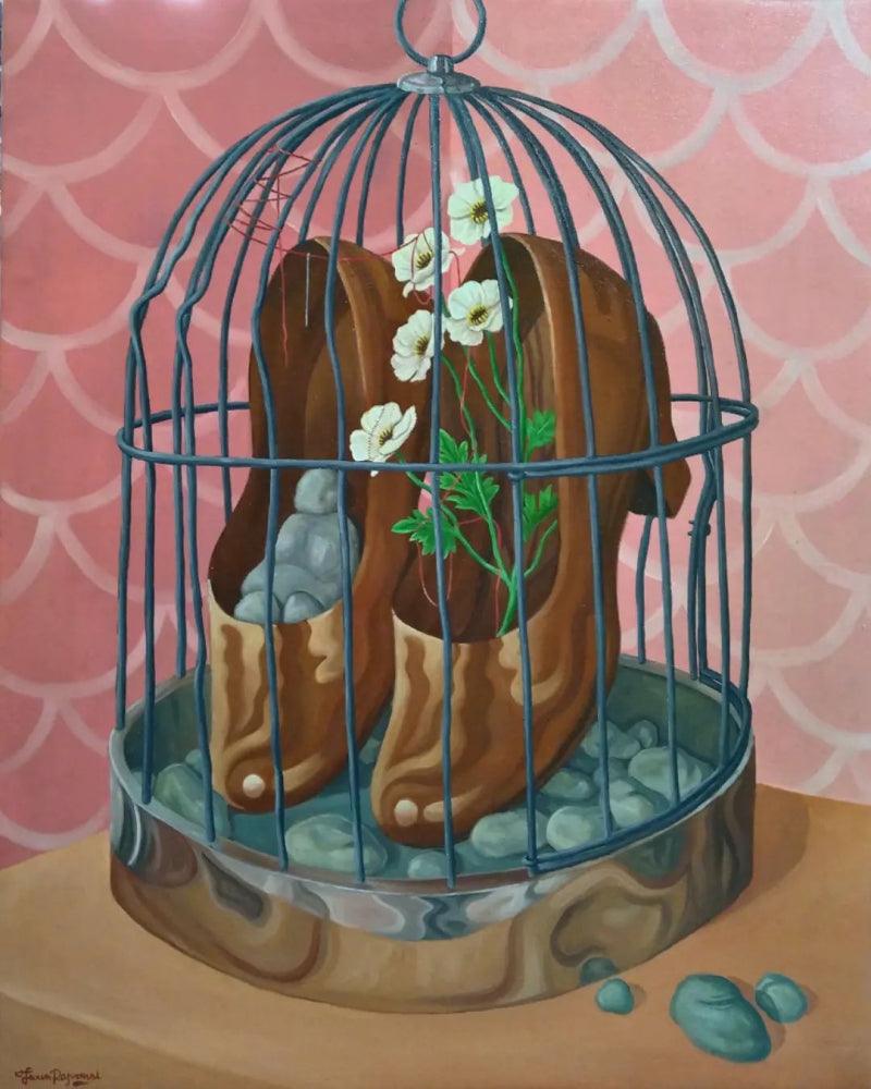 Surrealist oil painting titled 'culture of domesticity', 30x24 inches, by artist Tarun Rajvansi on Canvas