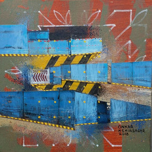 Culture Underconstruction 4 (Diversion) by Onkar Kshirsagar, Original Canvas Contemporary Painting on Canvas, X-Small Square Wall Art