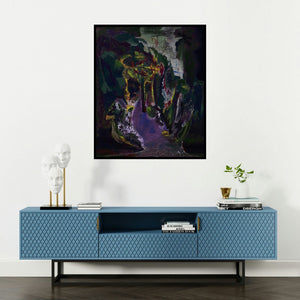 Debabrata Hazra's 'Culvert (Into the Unknown)' painting visualized above a sofa in a contemporary room.