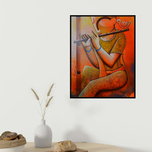 Anupam Pal's 'The Cupid Flute' painting visualized above a sofa in a contemporary room.