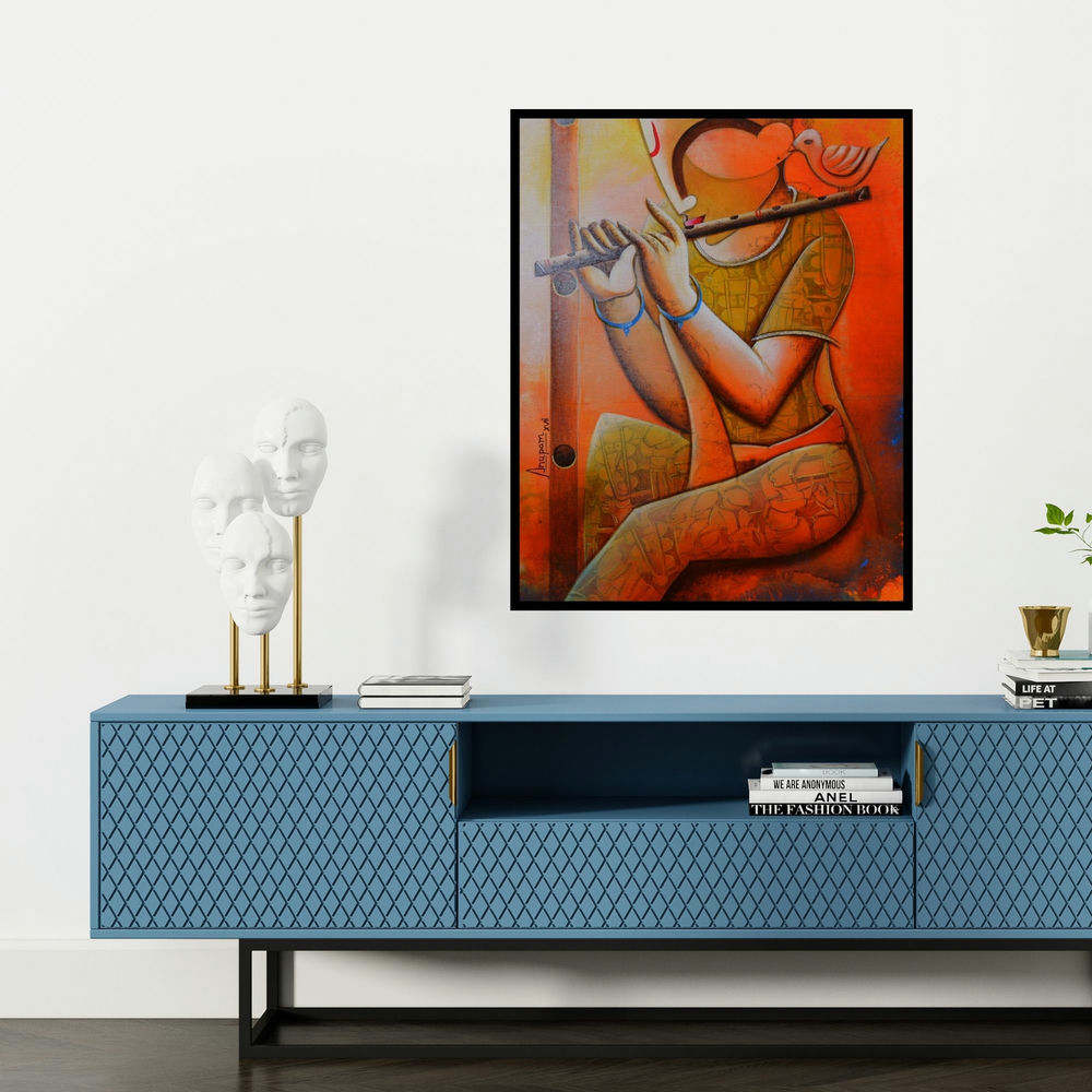 'The Cupid Flute' painting by Anupam Pal shown on a wall in a furnished room.