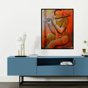 'The Cupid Flute' painting by Anupam Pal shown on a wall in a furnished room.