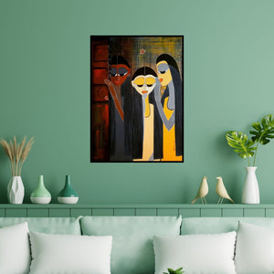 Preview of 'Curiosity (Three Women)' Painting by Rangoli Garg shown on a wall in a furnished room.