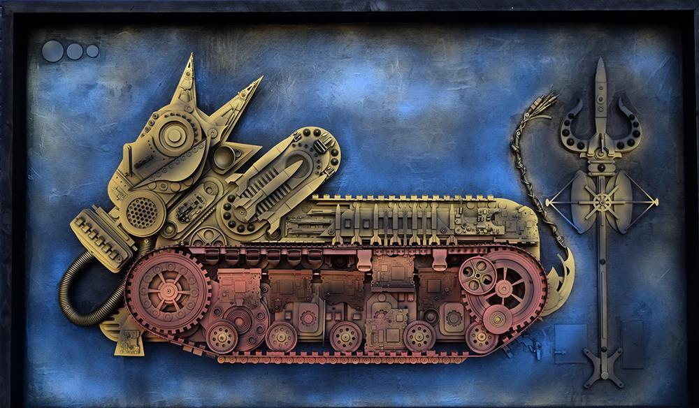 contemporary sculpture titled 'Cyber War In The Name Of God 1', 36x59x4 inches, by artist Haribaabu Naatesan on Acrylic Glass