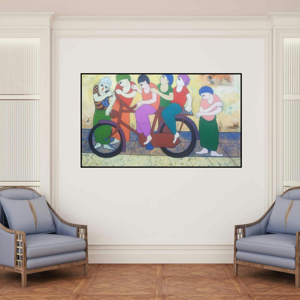 'Cycling (Wheels of Unity)' painting by Dnyaneshwar Bembade shown on a wall in a furnished room.