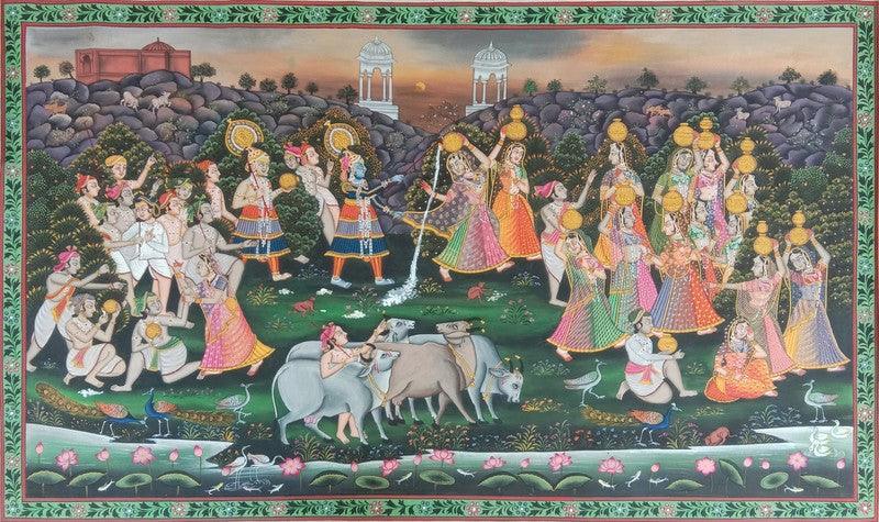 Religious pichwai traditional art titled 'Daan Lila', 48x72 inches, by artist Surkhi Arts on Cloth
