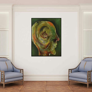 'Dab100 (Minds Labyrinth)' painting by Durshit Bhaskar shown on a wall in a furnished room.