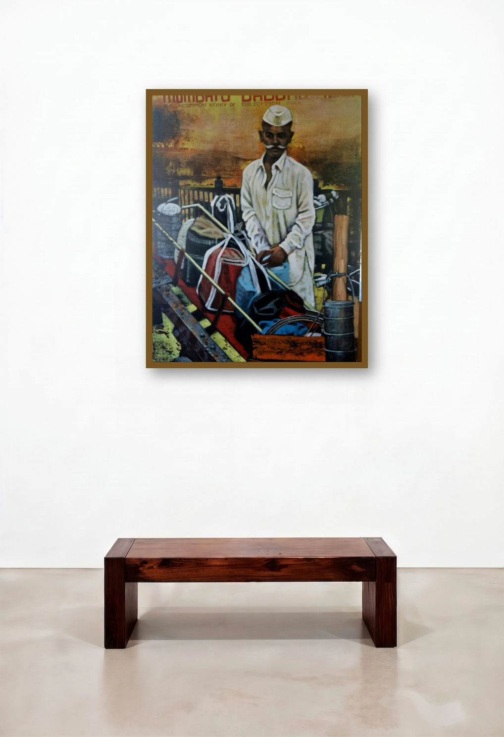 Dabbawala Series 1 (The Mumbai Dabbawala) by artist Vijay Gille displayed in a Mid-Century Modern Lounge