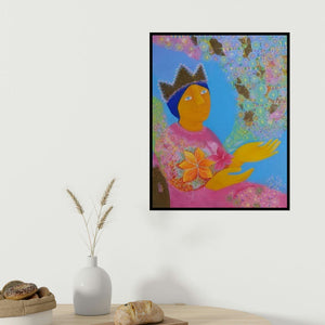 Sonia Rodrigues's 'Daddys Princess' painting visualized above a sofa in a contemporary room.