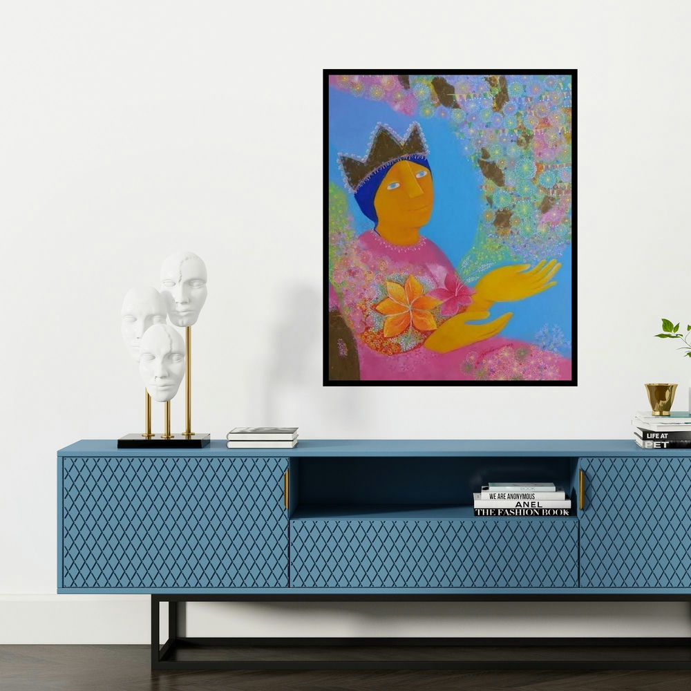 'Daddys Princess' painting by Sonia Rodrigues shown on a wall in a furnished room.