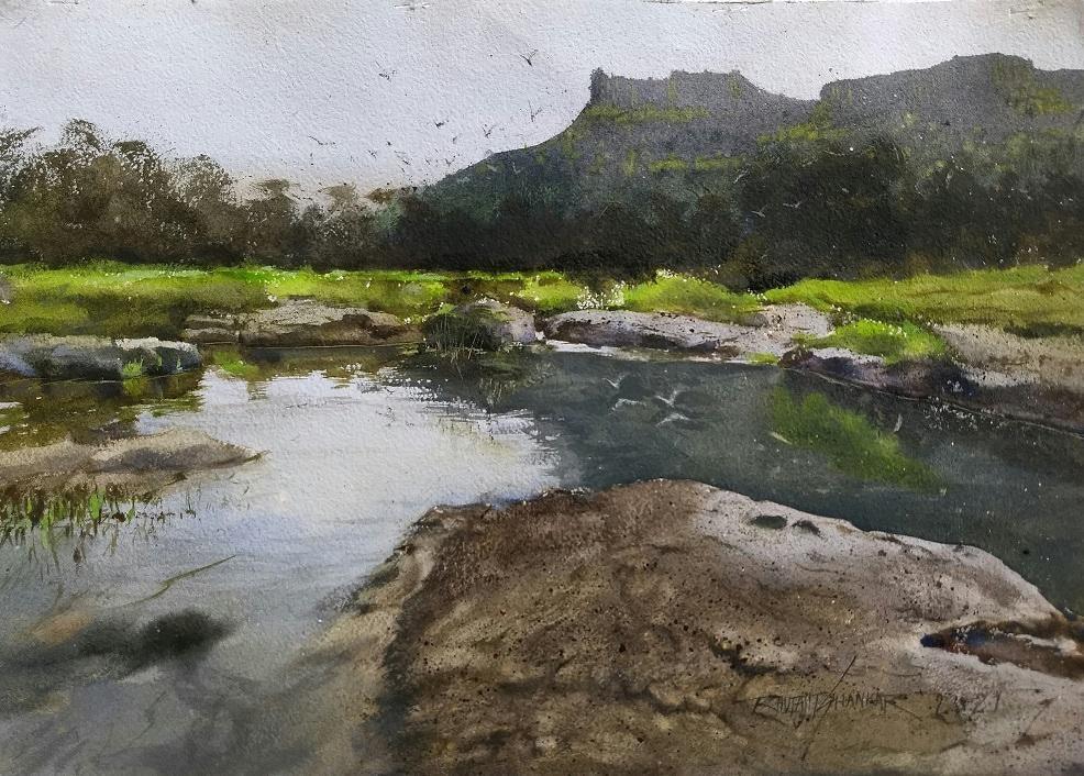 Landscape watercolor painting titled 'Dahanu', 11x12 inches, by artist Ajit Raut on Paper