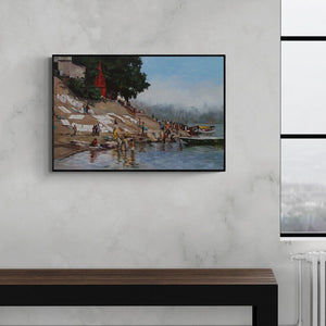 Preview of 'Daily Life Banaras' Painting by Sachin Sawant shown on a wall in a furnished room.