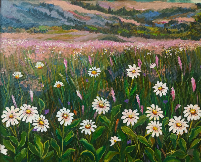 Daisy' nature acrylic painting by artist Anumitra Basu Mandal, 18x20 inch, on canvas