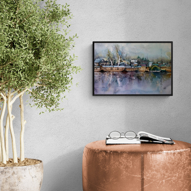 In-situ view of Asit Singh's 'Dal Lake (Dal Lake Houseboats)' painting in a room