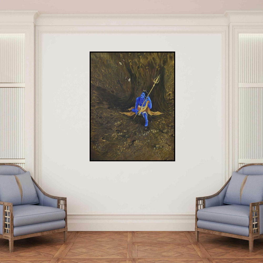 'Damru And Trishul (Woman Musician)' painting by Durshit Bhaskar shown on a wall in a furnished room.