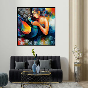 Sanjay Tandekar's 'Damyanti 3 (Woman and Peacock: Harmony)' painting visualized above a sofa in a contemporary room.