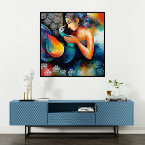 'Damyanti 3 (Woman and Peacock: Harmony)' painting by Sanjay Tandekar shown on a wall in a furnished room.