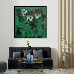 Basuki Dasgupta's 'Dance To The Tune 2 (Hidden Beauty)' painting visualized above a sofa in a contemporary room.