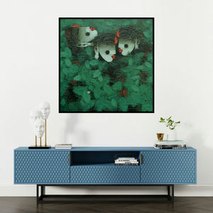 'Dance To The Tune 2 (Hidden Beauty)' painting by Basuki Dasgupta shown on a wall in a furnished room.