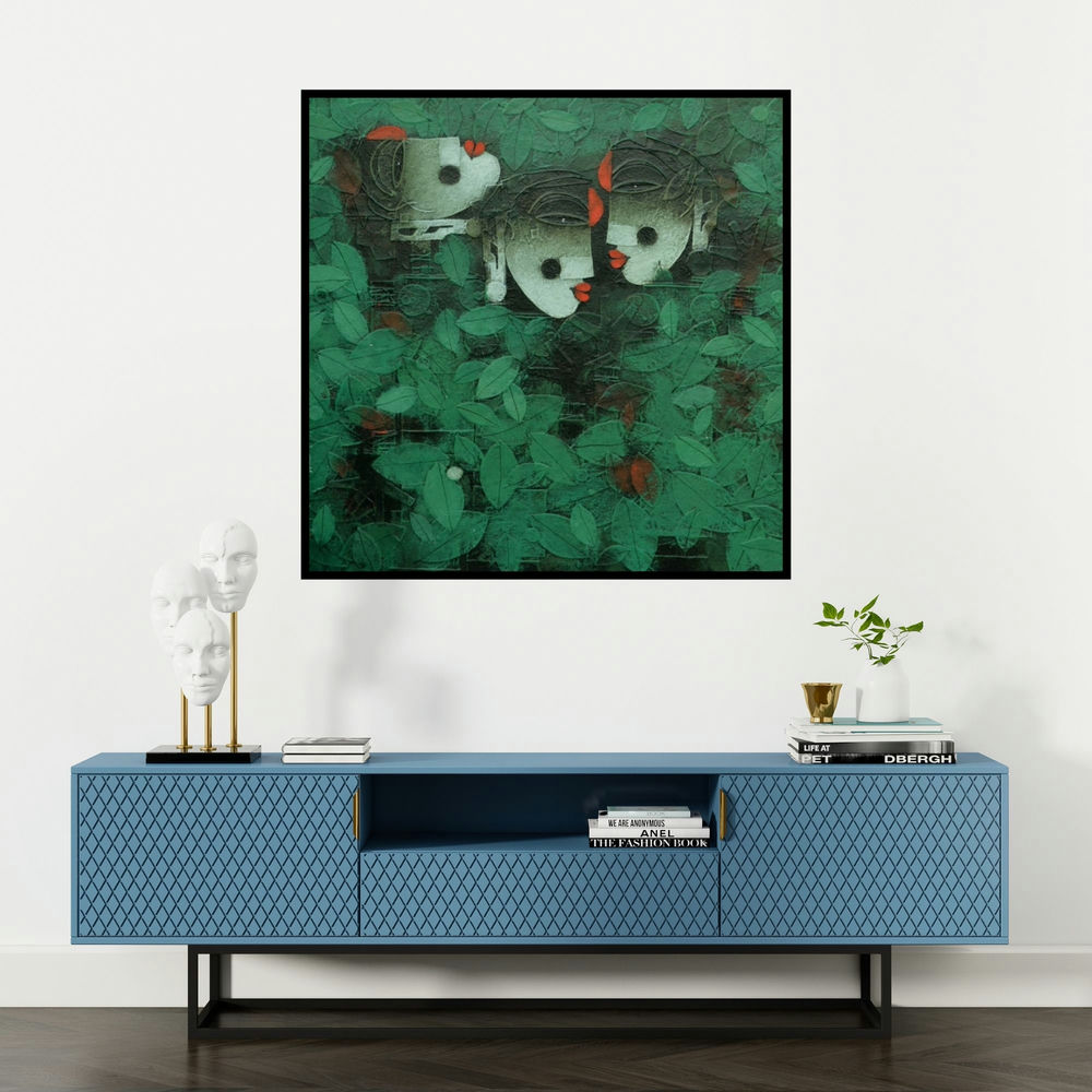 'Dance To The Tune 2 (Hidden Beauty)' painting by Basuki Dasgupta shown on a wall in a furnished room.