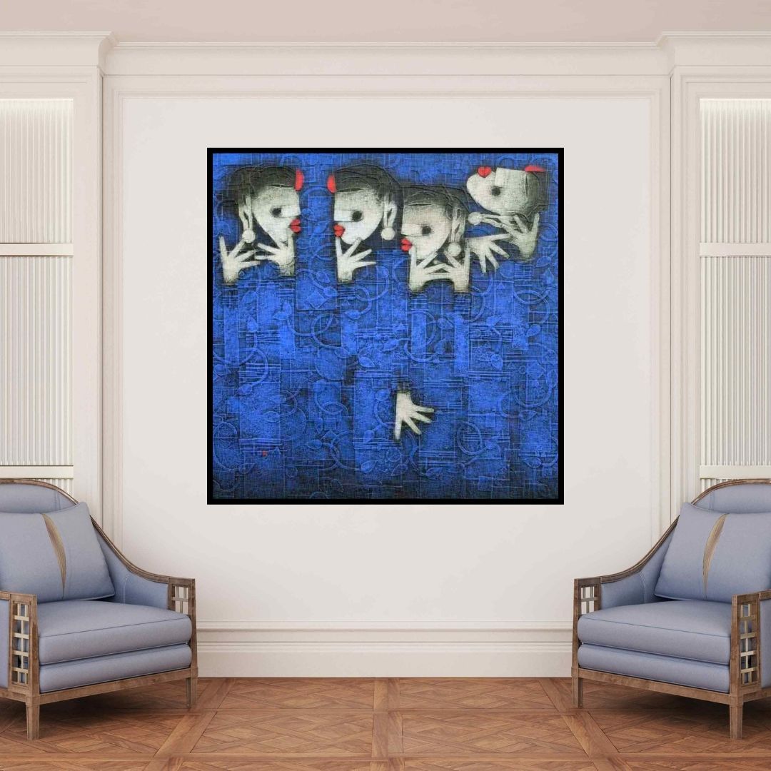 In-situ view of Basuki Dasgupta's 'Dance To The Tune (The Conversation)' painting in a room