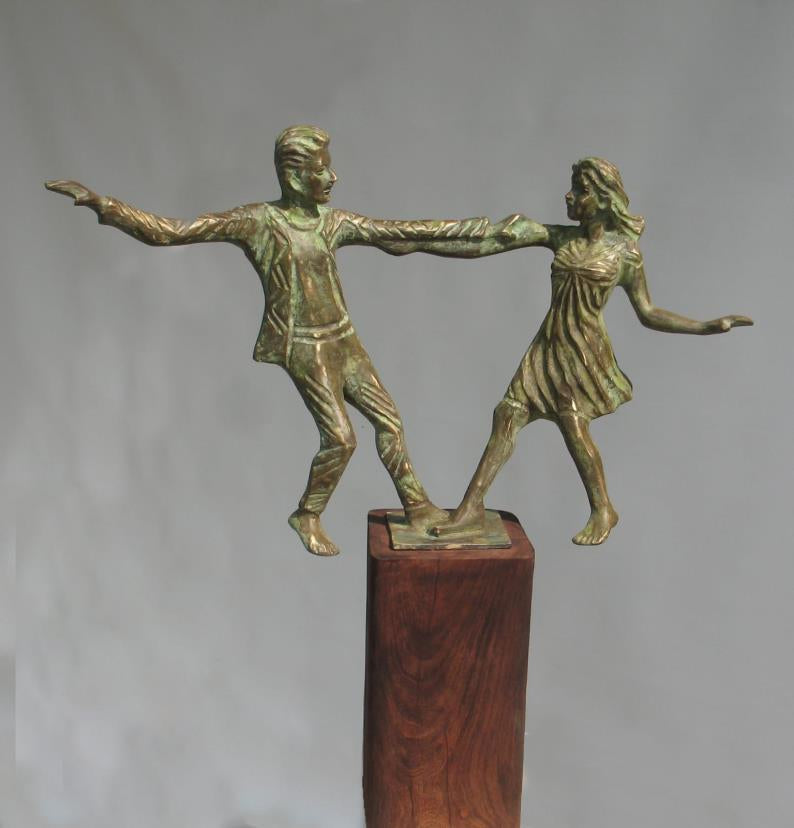 Dancing Couple' figurative Brass, Metal sculpture by artist Rohan Sonavane, 16x22 inch, on brass, metal