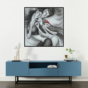 'Dancing Couple' painting by Ramesh Pachpande shown on a wall in a furnished room.