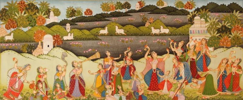 Religious pichwai traditional art titled 'Dancing For Krishna Pichwai Painting', 18x36 inches, by artist Yugdeepak Soni on Cloth
