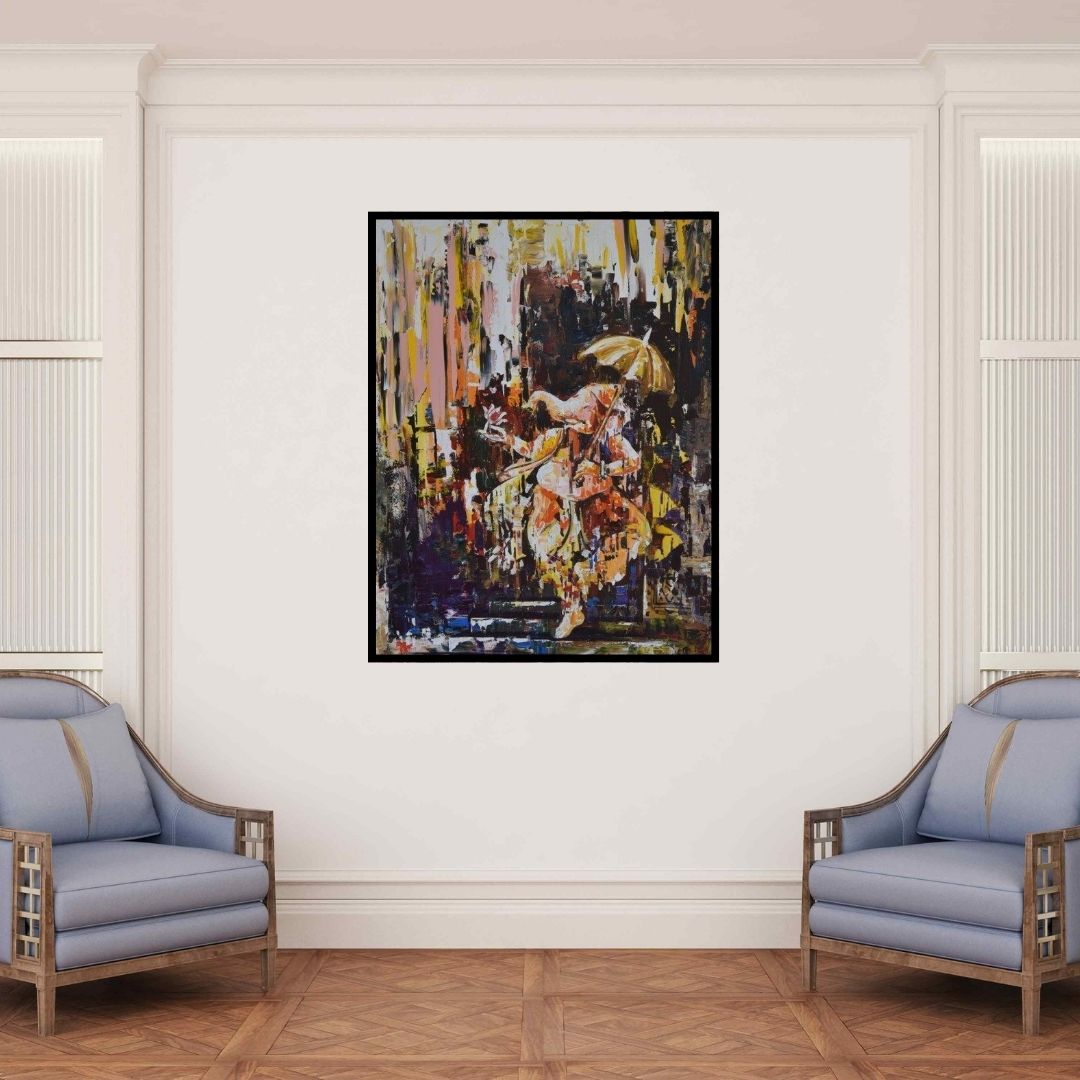 In-situ view of Durshit Bhaskar's 'Dancing Ganesha (Dance in the Monsoon)' painting in a room