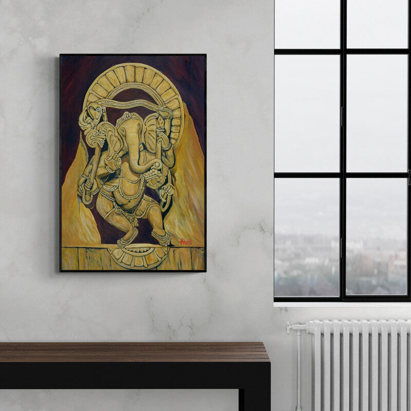In-situ view of Ajay Harit's 'Dancing Ganesha (Ganesha in Golden Hue)' painting in a room