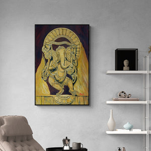 Ajay Harit's 'Dancing Ganesha (Ganesha in Golden Hue)' Painting visualized above a sofa in a contemporary room