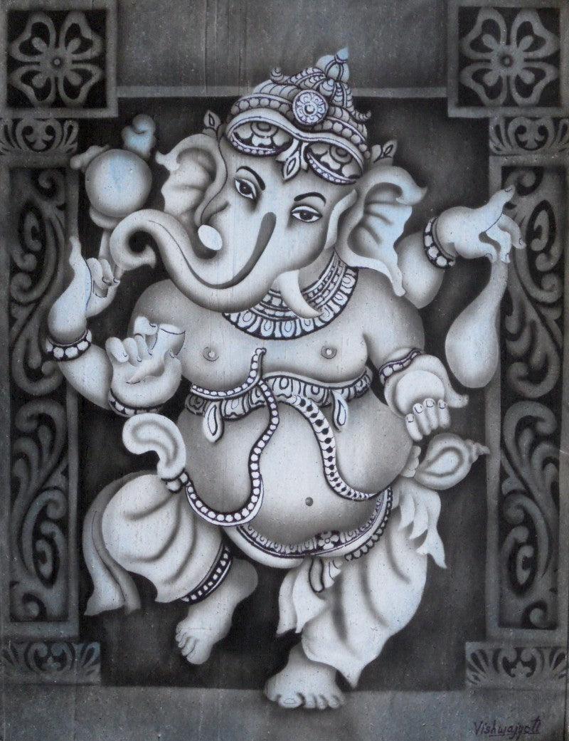 Religious airbrush painting titled 'Dancing Ganesha', 21x18 inches, by artist Vishwajyoti Mohrhoff on Canvas