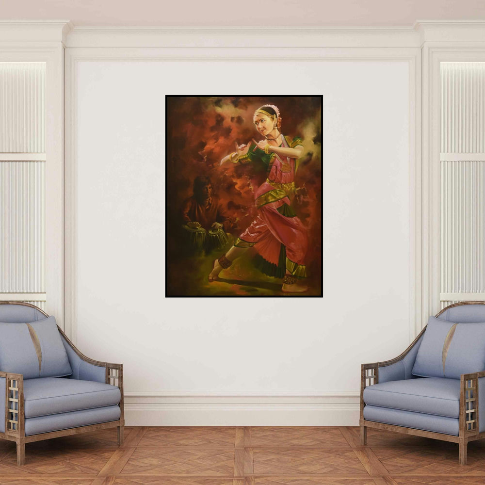 'Dancing Lady' painting by Kamal Rao shown on a wall in a furnished room.