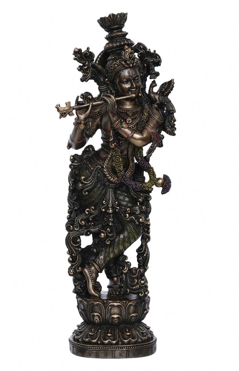 Religious handicraft titled 'Dancing Lord Krishna Playing Flute', 14x6x4 inches, by artist Brass Handicrafts on Polyresin, Bronze
