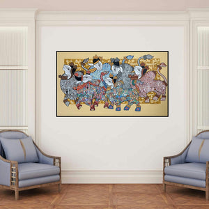 'Dancing Nandi (Procession of the Sacred Bulls)' painting by Vivek Kumavat shown on a wall in a furnished room.