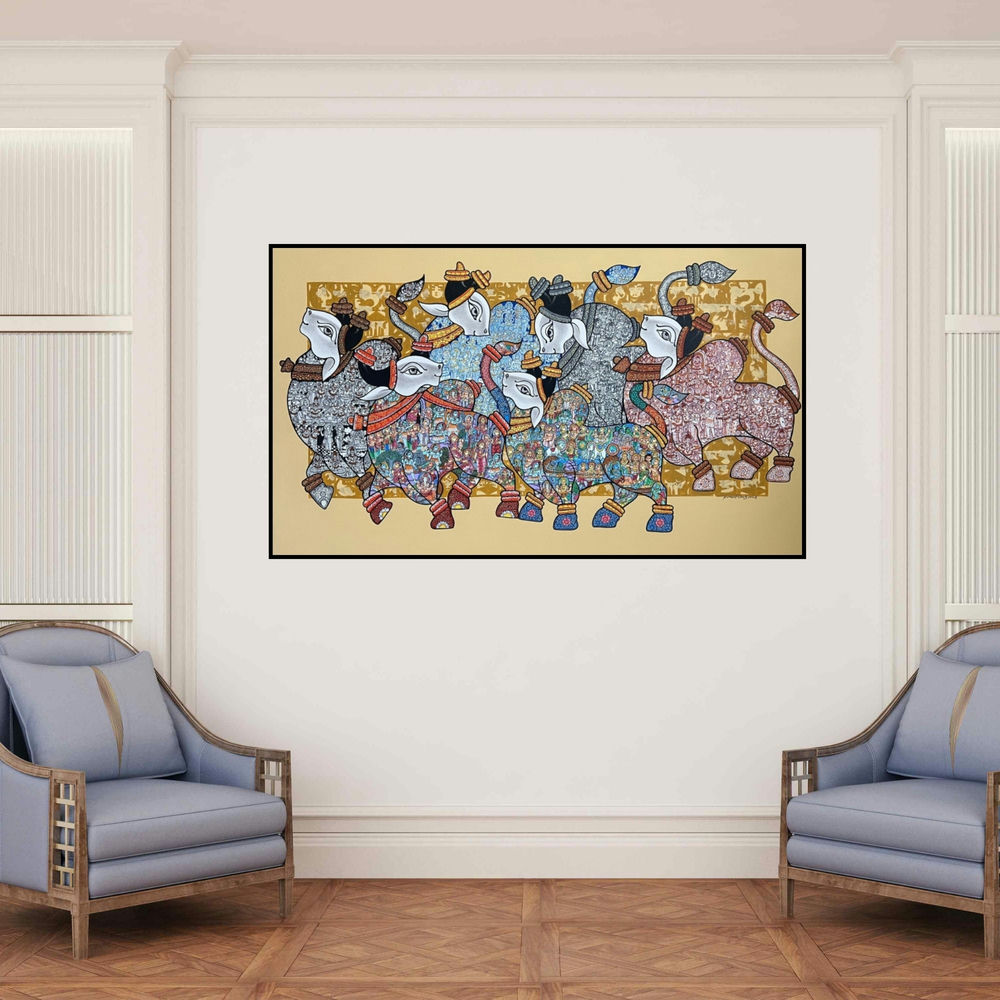 'Dancing Nandi (Procession of the Sacred Bulls)' painting by Vivek Kumavat shown on a wall in a furnished room.