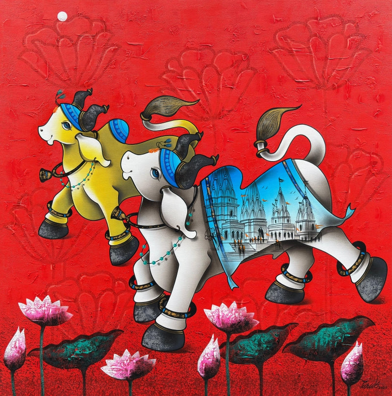 'Dancing Nandi 1' religious acrylic-charcoal painting by artist Paras Parmar, 36x36 inch, on canvas
