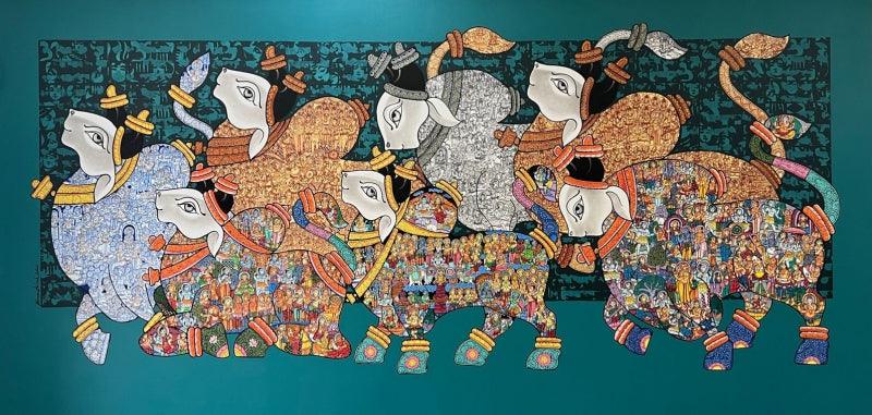 Religious acrylic painting titled 'Dancing Nandi', 48x96 inches, by artist Vivek Kumavat on Canvas