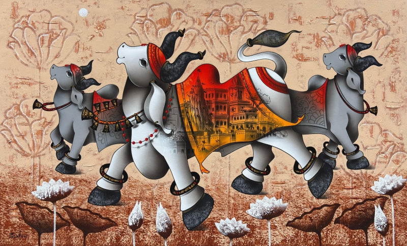 Dancing Nandi' religious acrylic-charcoal painting by artist Paras Parmar, 36x60 inch, on canvas