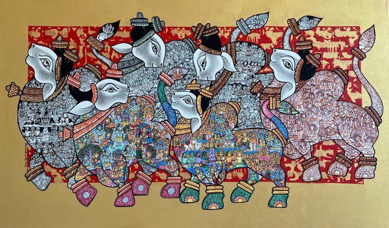 Dancing Nandi' religious acrylic painting by artist Vivek Kumavat, 36x60 inch, on canvas