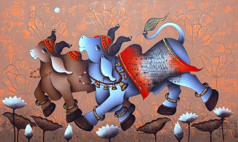 'Dancing Nandi' religious acrylic-charcoal painting by artist Paras Parmar, 36x60 inch, on canvas