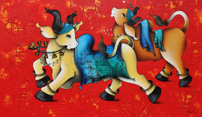 'Dancing Nandi' religious acrylic-charcoal painting by artist Paras Parmar, 36x60 inch, on canvas