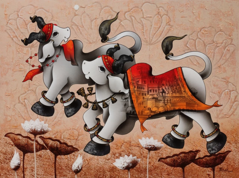 'Dancing Nandi' religious acrylic-charcoal painting by artist Paras Parmar, 36x48 inch, on canvas