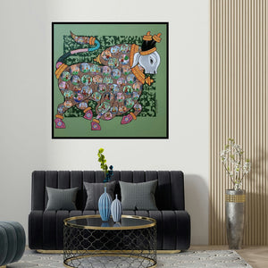 Vivek Kumavat's 'Dancing Nandis (Sacred Nandi with Circular Scenes)' painting visualized above a sofa in a contemporary room.