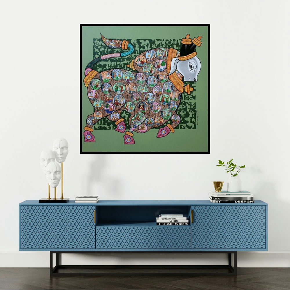 'Dancing Nandis (Sacred Nandi with Circular Scenes)' painting by Vivek Kumavat shown on a wall in a furnished room.