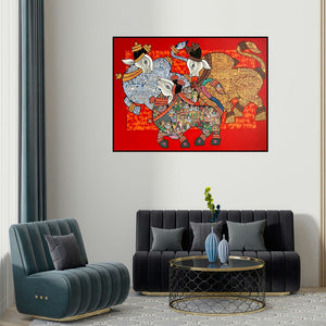 Vivek Kumavat's 'Dancing Nandis (Dance of the Divine Bulls)' painting visualized above a sofa in a contemporary room.
