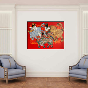 'Dancing Nandis (Dance of the Divine Bulls)' painting by Vivek Kumavat shown on a wall in a furnished room.