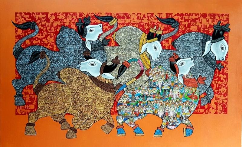 Animals acrylic painting titled 'Dancing Nandis 2', 48x72 inches, by artist Vivek Kumavat on Canvas