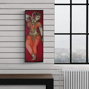 Preview of 'Dancing Woman (Rhythmic Grace)' Painting by Rahul Phulkar shown on a wall in a furnished room.